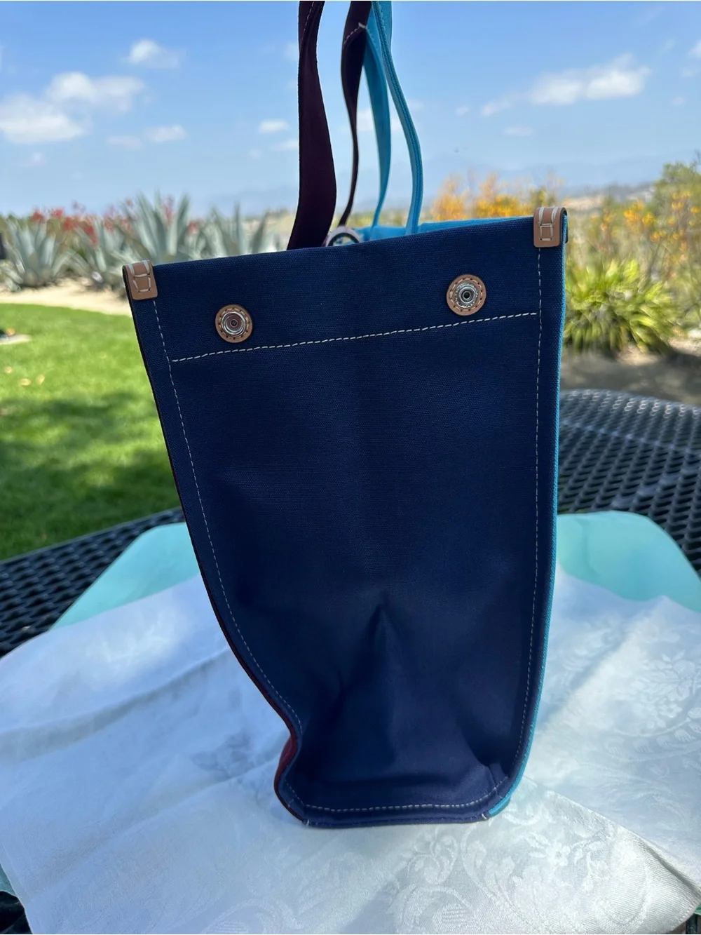 Tory Burch Turquoise Canvas Logo Tote with Navy Emblem